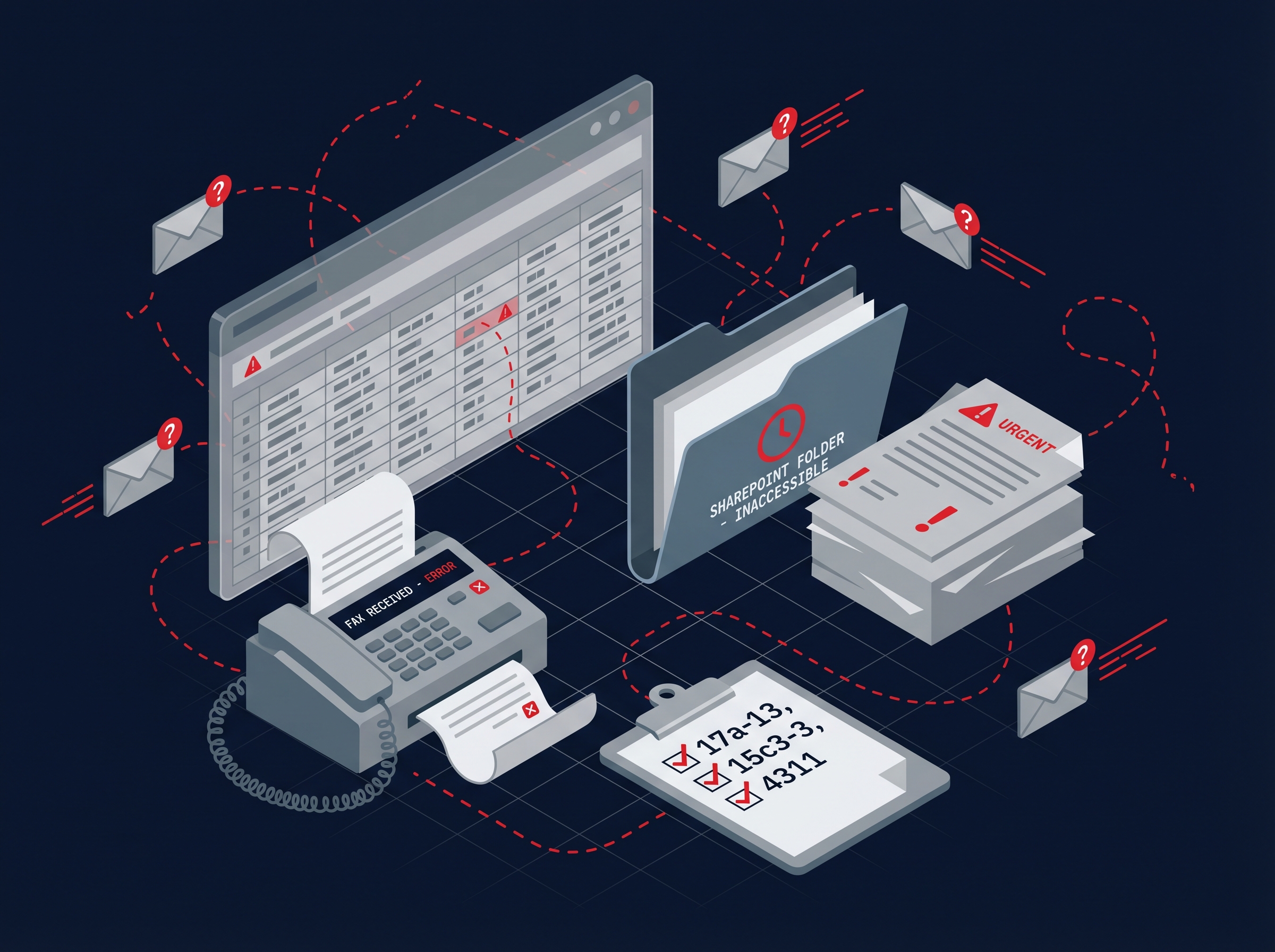 Fragmented broker-dealer compliance workflow with disconnected spreadsheets, fax, and SharePoint
